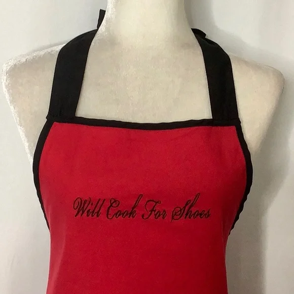 Will Cook For Shoes Embroidered Red And Black Kitchen Apron - Picture 3 of 15